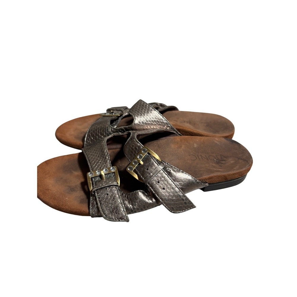 Vionic Orthaheel Womens 6.5 Metallic Pewter Snakeskin Slide Sandals Rhinestone